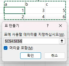 Ctrl+T 표 만들기 대화상자 — 사용할 데이터 범위 $C:$E, '머리글 포함' 체크