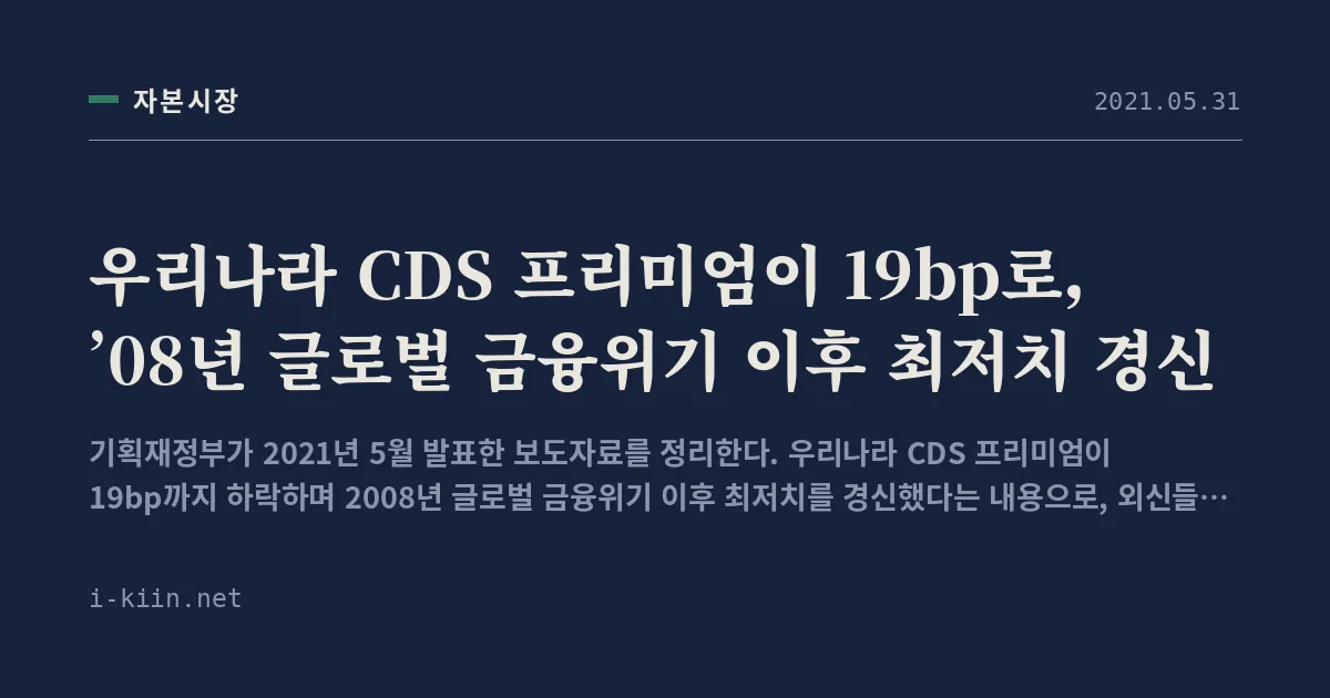 우리나라 CDS 프리미엄이 19bp로, ’08년 글로벌 금융위기 이후 최저치 경신