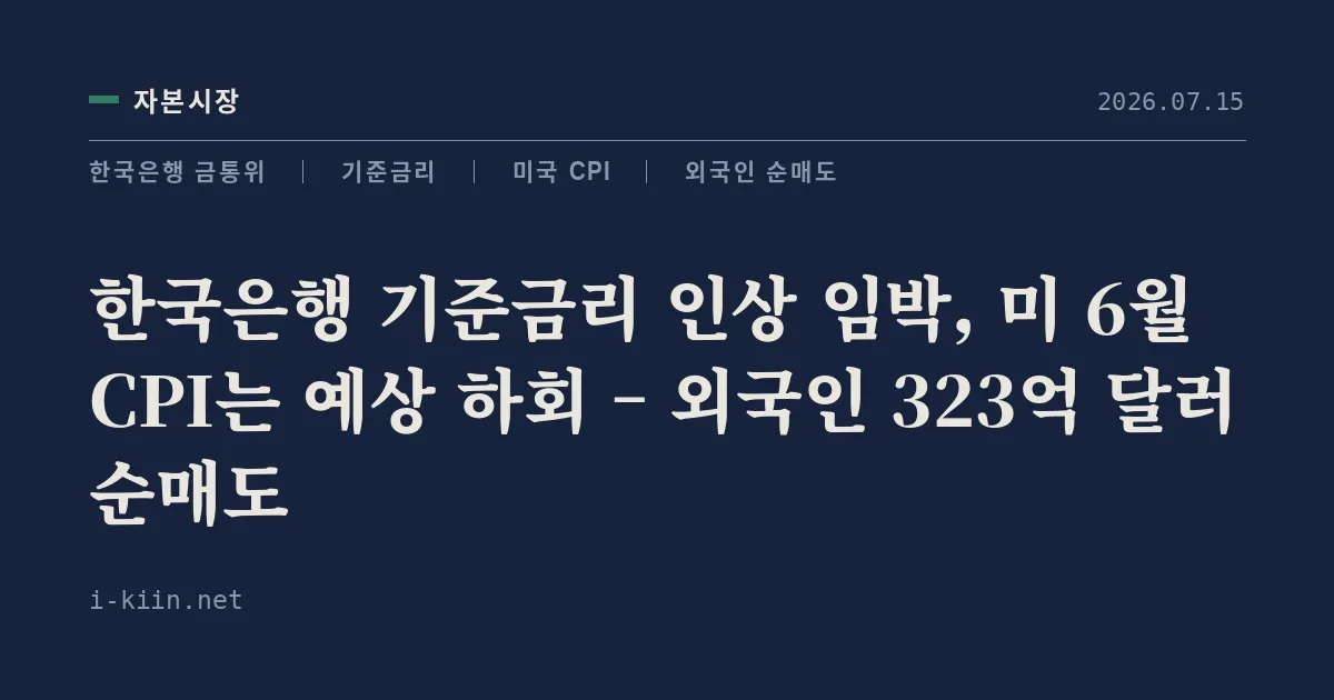 한국은행 기준금리 인상 임박, 미 6월 CPI는 예상 하회 – 외국인 323억 달러 순매도